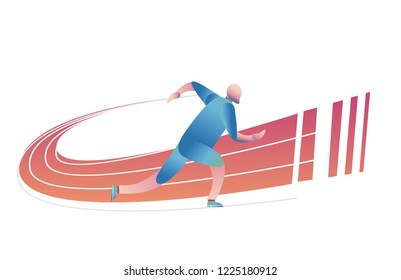 A young man athlete runs on the stadium on a treadmill. Illustration vector.
