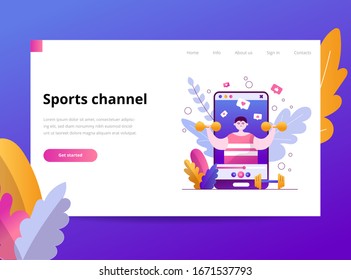 Ein junger Sportler spricht über Sport. Der Blogger nimmt ein Video über einen Lifestyle auf und stellt es auf dem Kanal in das soziale Netzwerk. Vektorillustration-Flachbildvorlage für die Landung