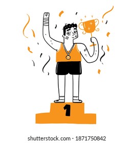 Young man athletes standing up for trophies on the podium, as the winner. Concept of Business success, Vector Illustration cartoon doodles style