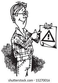 Young man with Attention Sign. Vector illustration with scalable size.