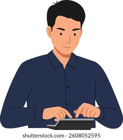 A young man attentively interacts with a tablet, showcasing concentration and engagement while seated, embodying a modern, tech-savvy atmosphere.
