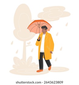 Young Man in Autumn Coat Walking in the Park with Umbrella in the Rain Flat Style Illustration
