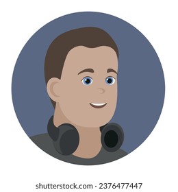 Young man avatar. Brown hair, blue eyes, caucasian. Vector flat illustration. Cartoon people design. Suitable for animation, using in web, apps, books, education projects