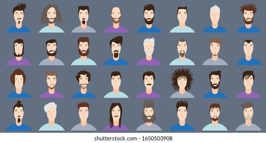 Young Man Avatar flat style vector icon set. Male Faces icon design collection with different styles of hairstyle, beard, mustache. Portrait avatars and hairstyle for man in social media.