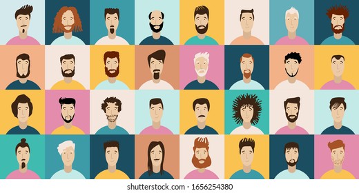 Young Man Avatar flat style vector icon set. Male Faces icon design collection with different styles of hairstyle, beard, mustache. Portrait avatars and hairstyle for man in social media.