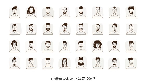 Young Man Avatar flat style vector icon set. Male Faces icon design collection with different styles of hairstyle, beard, mustache. Portrait avatars and hairstyle for man in social media.