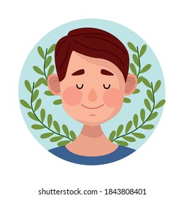 avatar de hombre joven con hojas diseño de ilustración de vector de planta