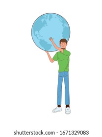 young man avatar lifting world planet character vector illustration design