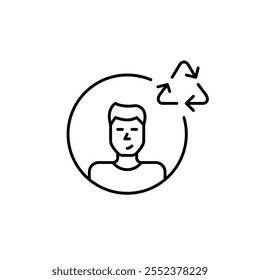 Young man avatar with recycling symbol. Green responsibility in technology, energy efficient digital presence. Pixel perfect vector icon