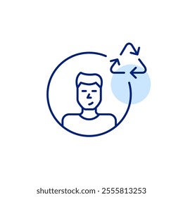 Young man avatar with recycling symbol. Green responsibility in technology, energy efficient digital presence. Pixel perfect, editable stroke icon