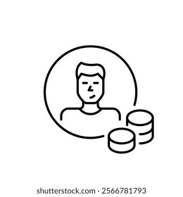 Young man avatar and stacks of coins. Individual finances management, account balance and user earnings. Pixel perfect vector icon