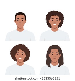 Young man avatar with various hair styles. Flat vector illustration isolated on white background