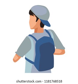 Young man back with backpack isometric