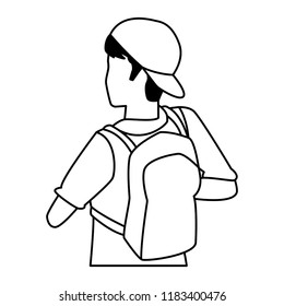 Young man back with backpack isometric in black and white