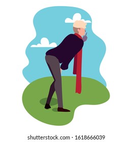 young man of back position on background landscape vector illustration design