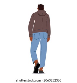 Junge Mann zurück, Teenager, Student tragen modische Kleidung. Männlicher Charakter in Jeans, Hoodie und Sneakers. Abstrakte Person mit braunem Haar und dunkler Hautrückansicht. einzelne Cartoon-Vektorgrafik