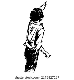 Young man from back in white shirt with hand raised in greeting. Romantic character. Hand drawn linear doodle rough sketch. Black silhouette on white background.