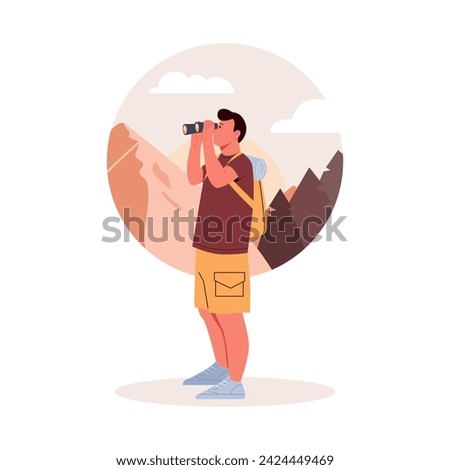 A young man with a backpack against a background of mountains looks through binoculars