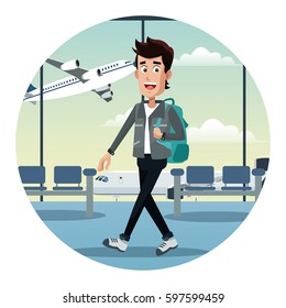 young man with backpack airport