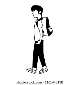 Young man with backpack in black and white