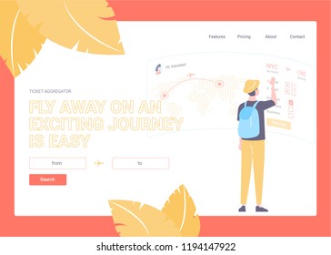 Young man with a backpack buys plane tickets in an online service on a web page. Traveler booked a flight. Travel, tourism, Internet. Bright illustration, hero image, landing page concept.