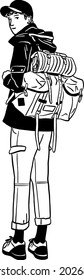 Young man with backpack Casual Street wear Traveler lifestyle Backpacker Hand drawn line art illustration