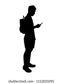 Young man with backpack and cellphone in hand silhouette vector