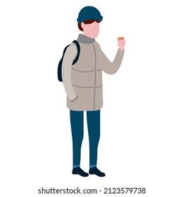Young Man with a backpack, cup of coffee, winter cold weather clothes, cap, warm coat, scarf, boots. Cartoon flat style
