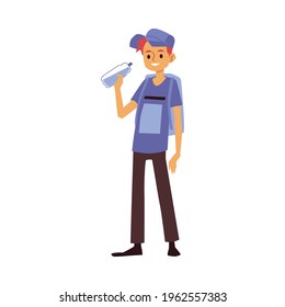Young man with a backpack drinks drinking water from a bottle. Traveler or tourist enjoys the clean potable water. Healthy lifestyle. Flat cartoon isolated vector illustration