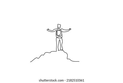 a young man with a backpack goes to the top and rejoices raising his hands down and looking at the skyline