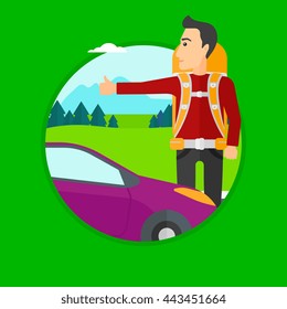 Young man with backpack hitchhiking on roadside. Hitchhiking man trying to stop a car on the road. Vector flat design illustration in the circle isolated on background.