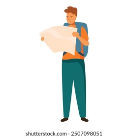 Young man with a backpack is holding a map and planning his route