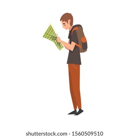 Young Man with Backpack Holding Road Map Planning the Route, Summer Travel, Camping, Backpacking Trip or Expedition Vector Illustration