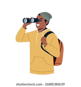 Young man with a backpack looks into the distance through binoculars. Vector illustration in a flat style.