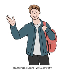 Joven con mochila hace gesto de saludo, diciendo hola, hola o adiós. Ilustración vectorial dibujada por mano