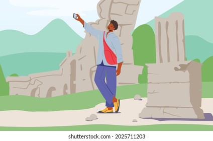 Young Man with Backpack Making Selfie on Smartphone on Ancient Ruins Background. Traveling to Foreign Country, Trip, Summertime Vacation. Tourist Excursion, Journey. Cartoon Vector Illustration