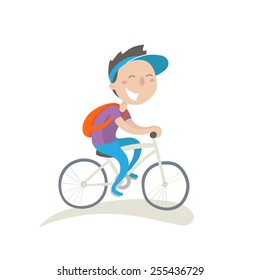 Young man with backpack on a bike, flat illustration