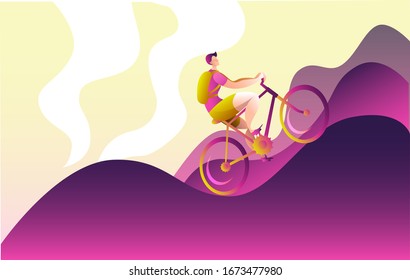 Un joven con mochila en bicicleta de montaña recorre las montañas. Ilustración vectorial en colores brillantes.