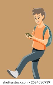 young man with backpack and phone
