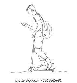 Young man with backpack riding children scooter. Checking his mobile phone with wireless headset on the go. Single line drawing. Black and white vector illustration in line art style.