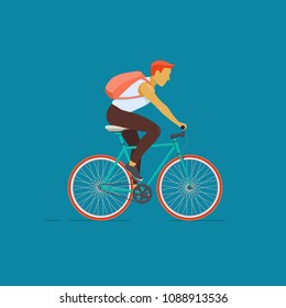 Young man with a backpack riding on the bike.  Flat vector illustration on blue background