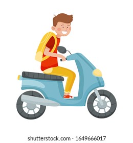 Young Man with Backpack Riding on Scooter Vector Illustration