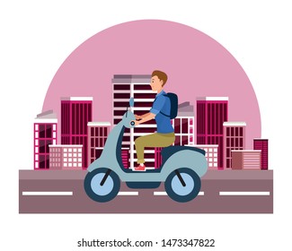 Young man with backpack riding scooter motorcycle on the city, urban scenery background ,vector illustration graphic design.