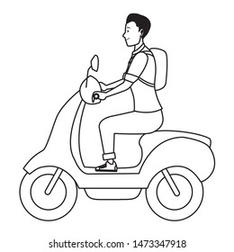 Young man with backpack riding scooter motorcycle vector illustration graphic design.