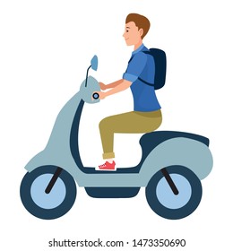 Young man with backpack riding scooter motorcycle vector illustration graphic design.