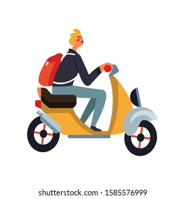 Young man with backpack riding scooter motorcycle side view