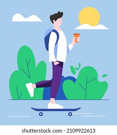 Young man with backpack riding skateboard and holding takeaway coffee paper cup, drink. Guy on skate board, skateboarder in green park, urban citizen character. Flat style, vector illustration