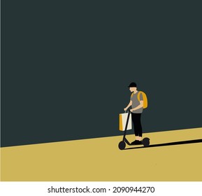 Young man with backpack, rolling on the electric scooter along city street. Urban vehicle. Colorful vector illustration in flat cartoon style.