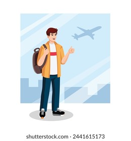 Young Man with backpack showing thumbs up at the airport before flight. Travelling concept, flat design, cartoon style. Vector illustration