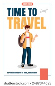 Young man with backpack showing thumbs up. Flat design, cartoon style. Vector illustration. Travelling concept flyer, banner, promo, advertising, leaflet.